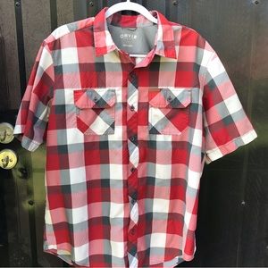 Mens Orvis Casual Button Up Red Plaid Short Sleeve Shirt Sz L Chest 48”